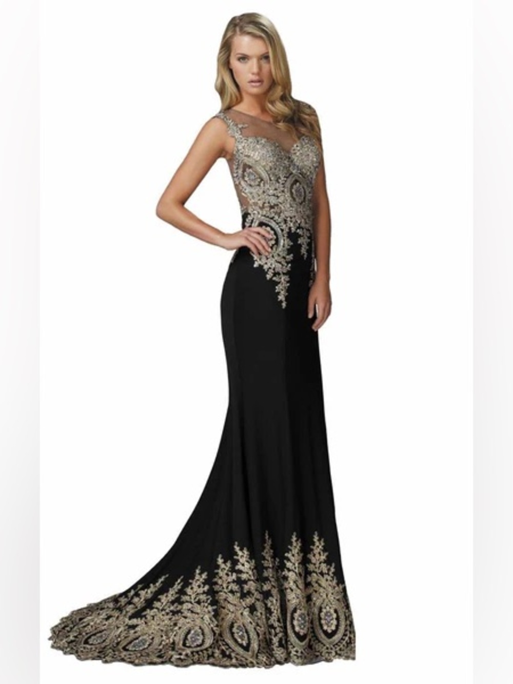 Camille La Vie Black and Gold Embellished Maxi Gown with Train